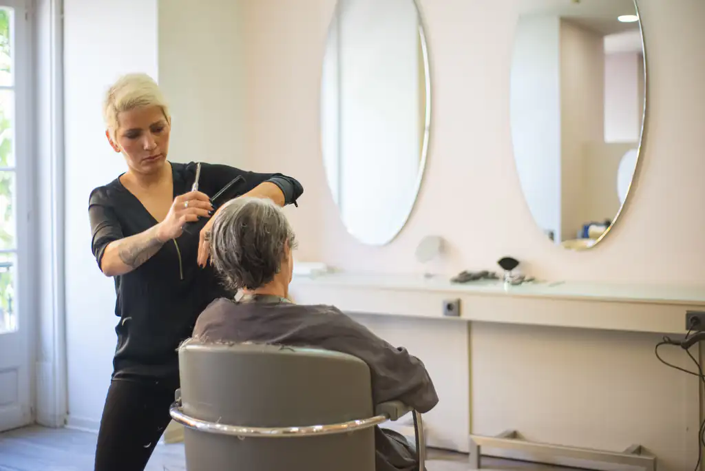 Stylist cutting a client's grey hair in a bright salon with tall oval mirrors