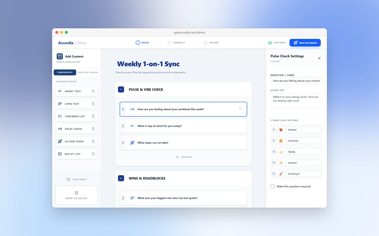 The Accordia agenda builder: question types on the left, a Weekly 1-on-1 Sync agenda in the middle, and settings for the selected pulse check question on the right.