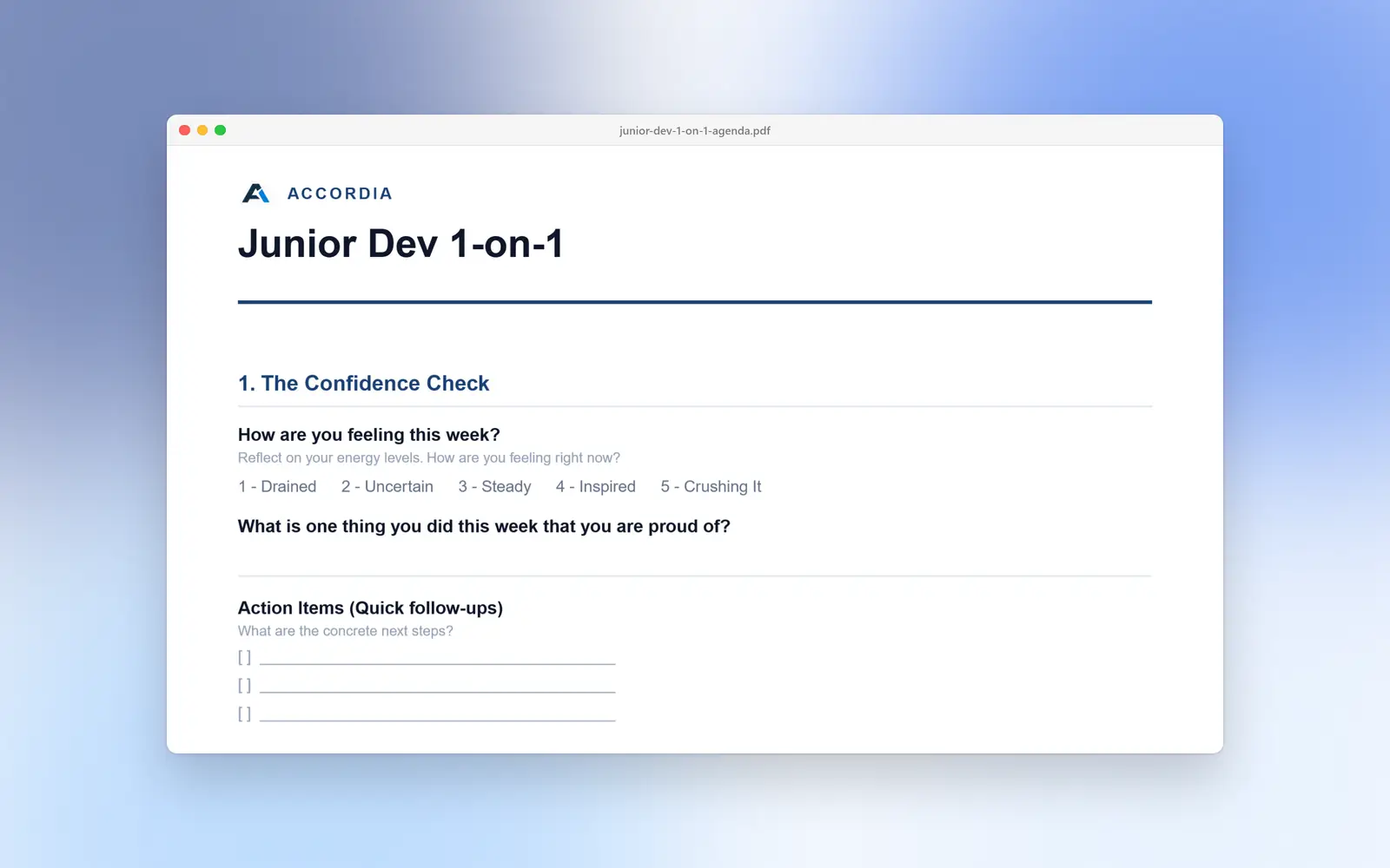A printable Junior Dev 1-on-1 agenda exported as a PDF, with a confidence check section and blank action item lines.