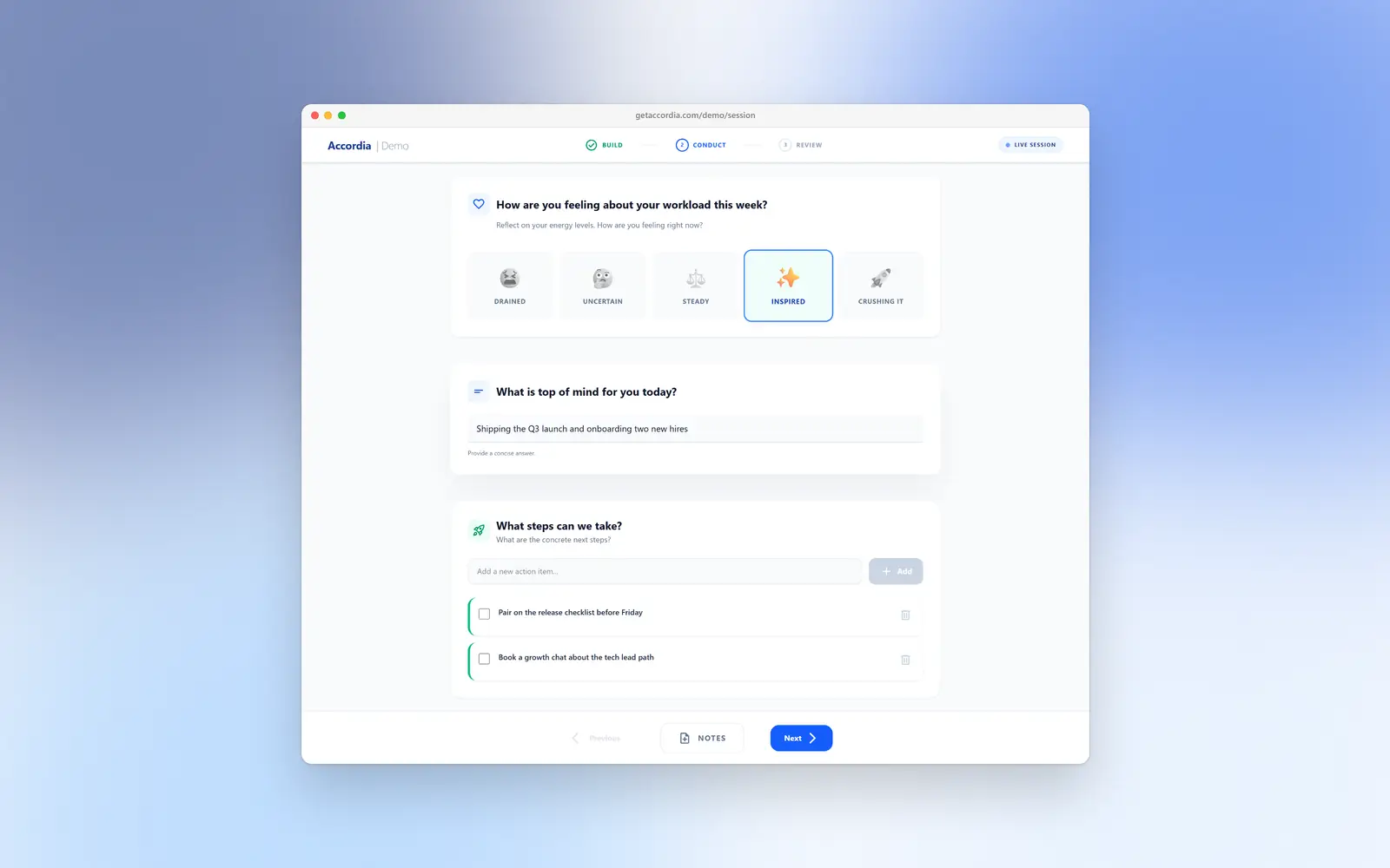 A live 1-on-1 session in Accordia: a pulse check with Inspired selected, a short answer, and two action items being added.