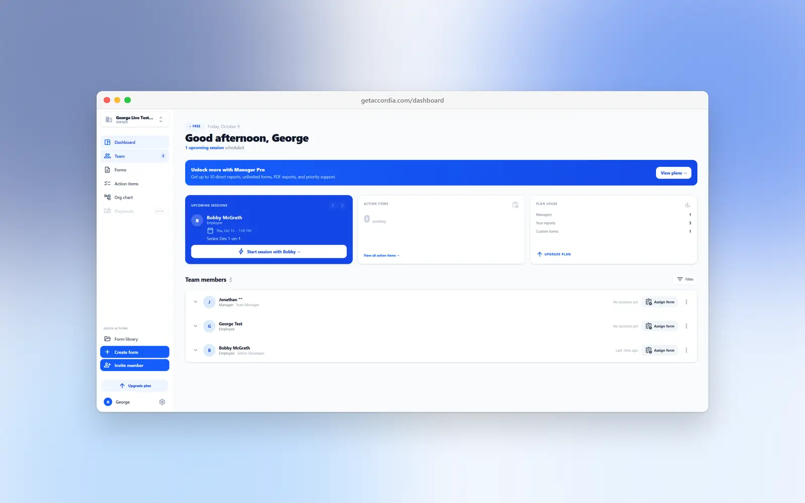 The Accordia manager dashboard showing the next upcoming session, open action items, plan usage and a list of team members.