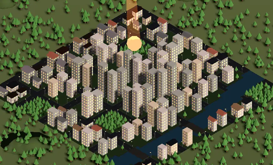 A generated Out In Time city from above: tall tower blocks in the centre, smaller houses with red roofs at the edges, a river crossing the grid, and forest all around.