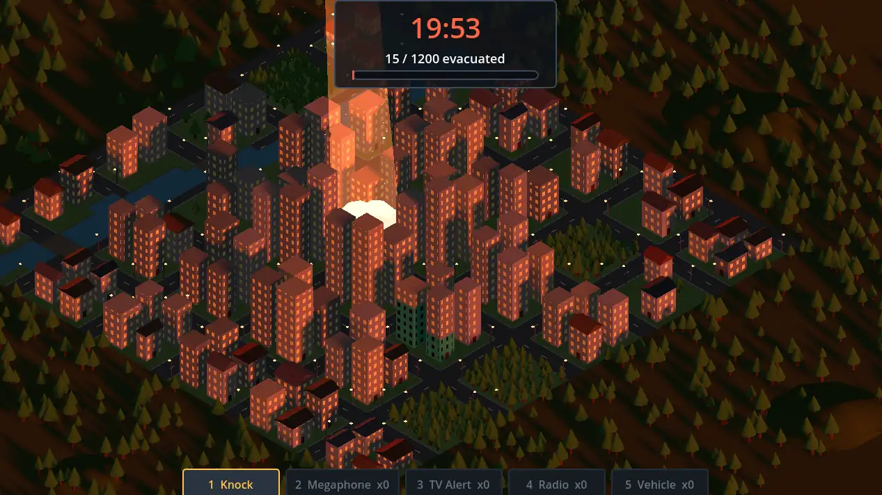 Out In Time at 19:53, minutes before impact: the whole city glows red and orange under the meteor's light, with 15 of 1200 evacuated.