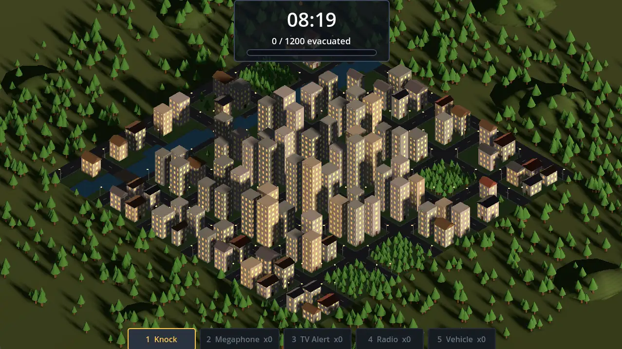 Out In Time at 08:19 in the morning: an isometric city of lit tower blocks and houses surrounded by forest, with 0 of 1200 evacuated and a toolbar for Knock, Megaphone, TV Alert, Radio and Vehicle.