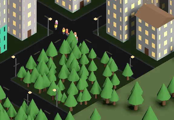 A close-up of a street corner in Out In Time: a small group of citizens walking along a road past a park full of pine trees and street lamps.