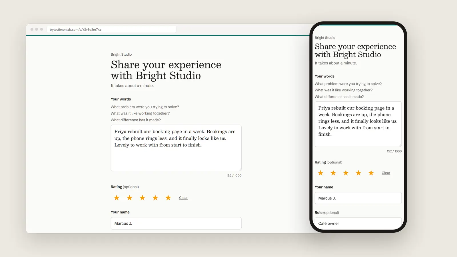 A TryTestimonials collection page for Bright Studio, shown in a desktop browser and on a phone, with a five-star rating and a customer's quote filled in.