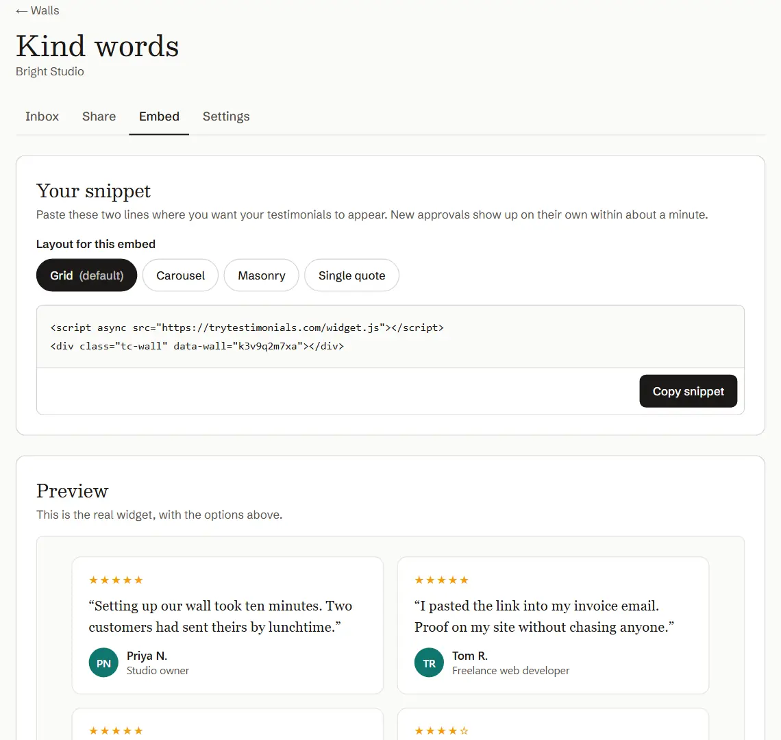 The TryTestimonials Embed tab: a two-line code snippet with a Copy snippet button, layout options for grid, carousel, masonry and single quote, and a live preview of the testimonial grid.