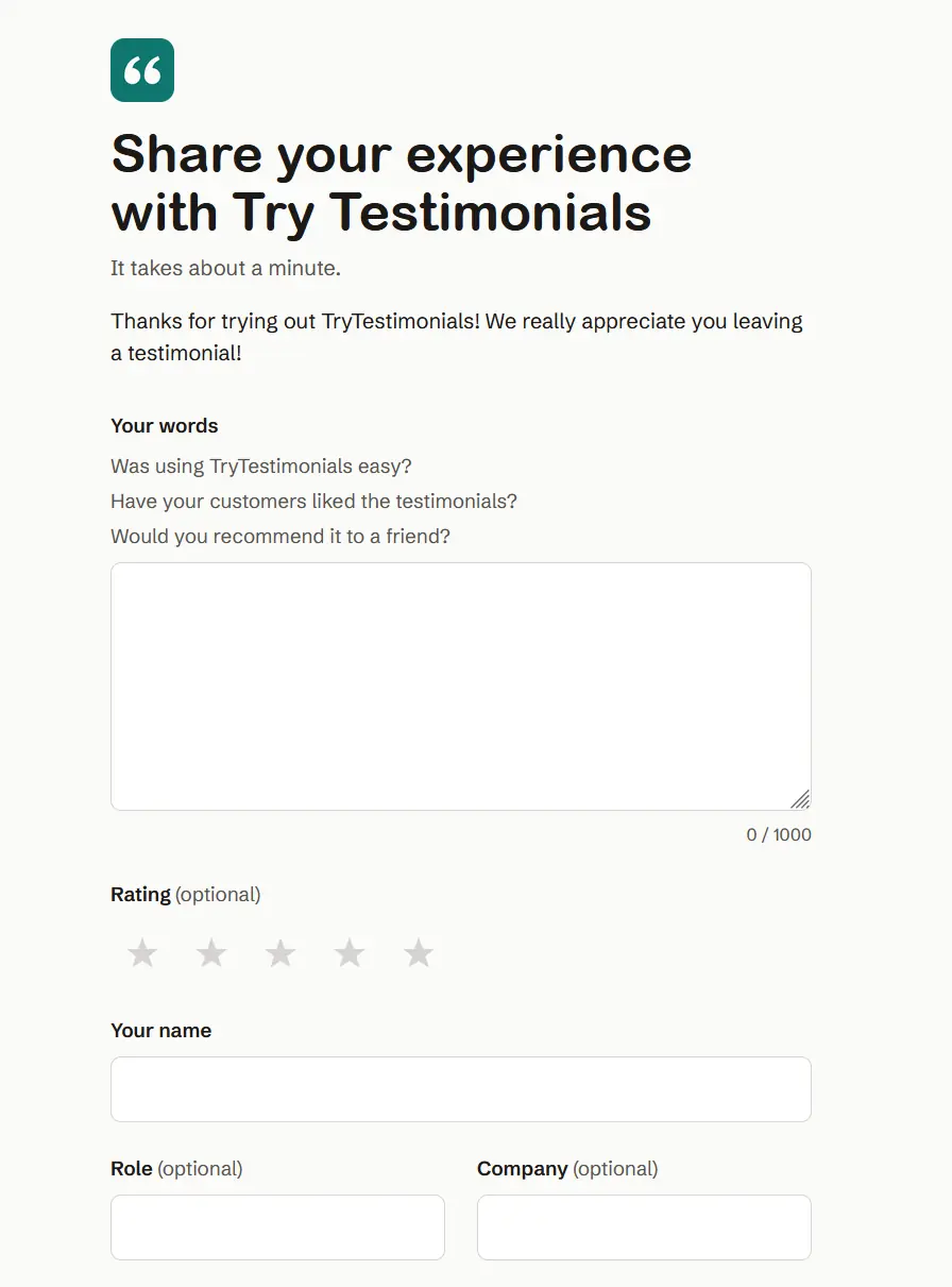 The TryTestimonials collection page for TryTestimonials itself, asking whether it was easy to use and whether customers liked the testimonials.